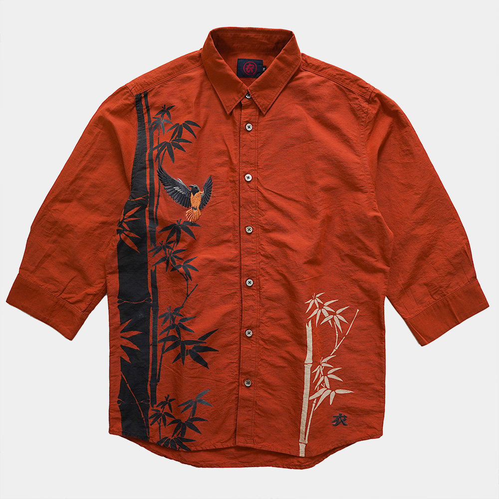 竹とジョウビタキ 七分袖シャツ
