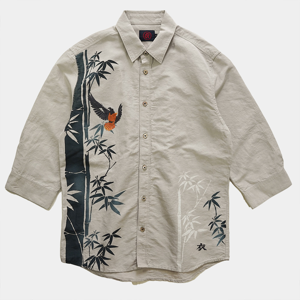 竹とジョウビタキ 七分袖シャツ