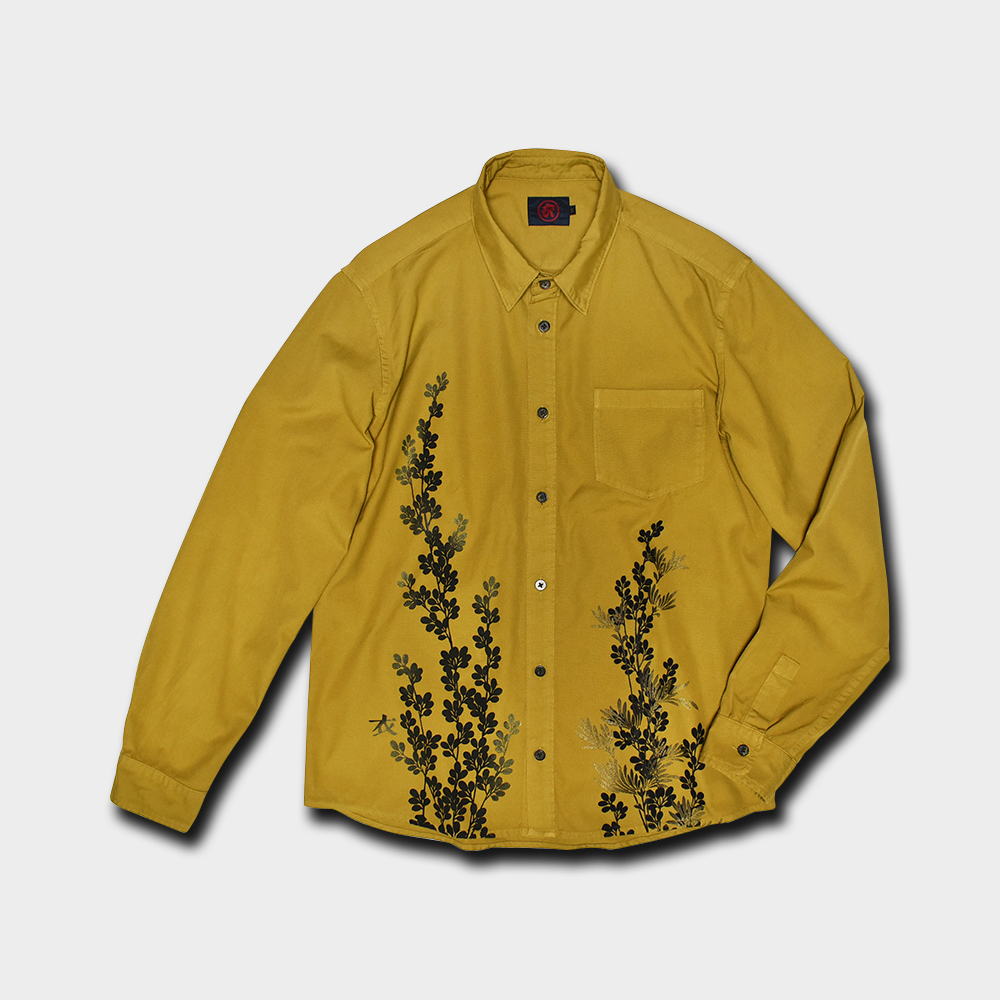 【L】金寂び色の花 長袖シャツ